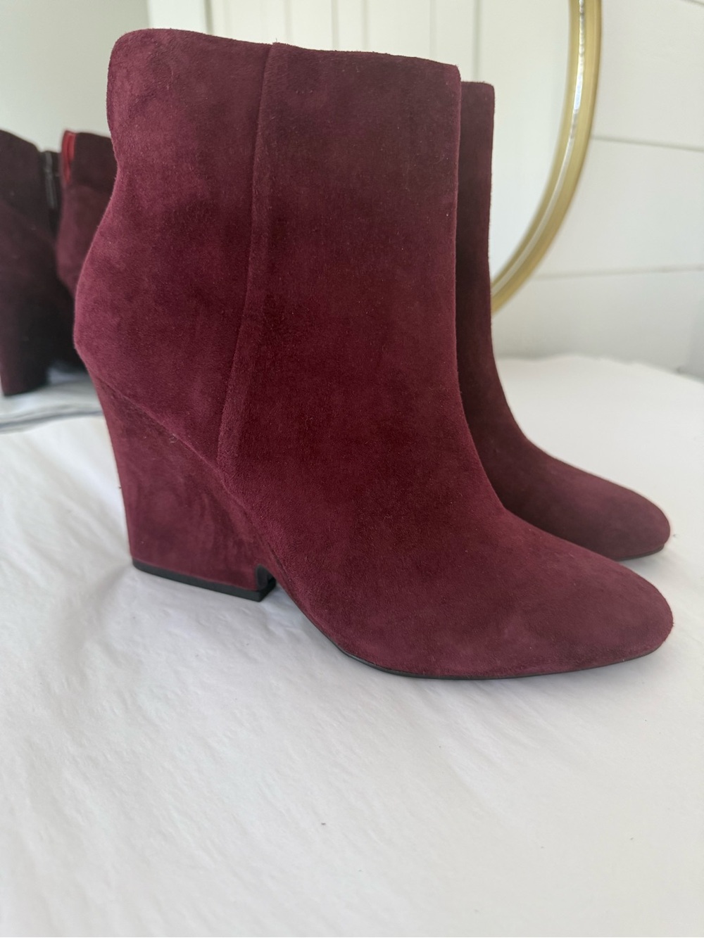 Next Brand from the UK.  Burgundy Suede Wedge Ankle Boots